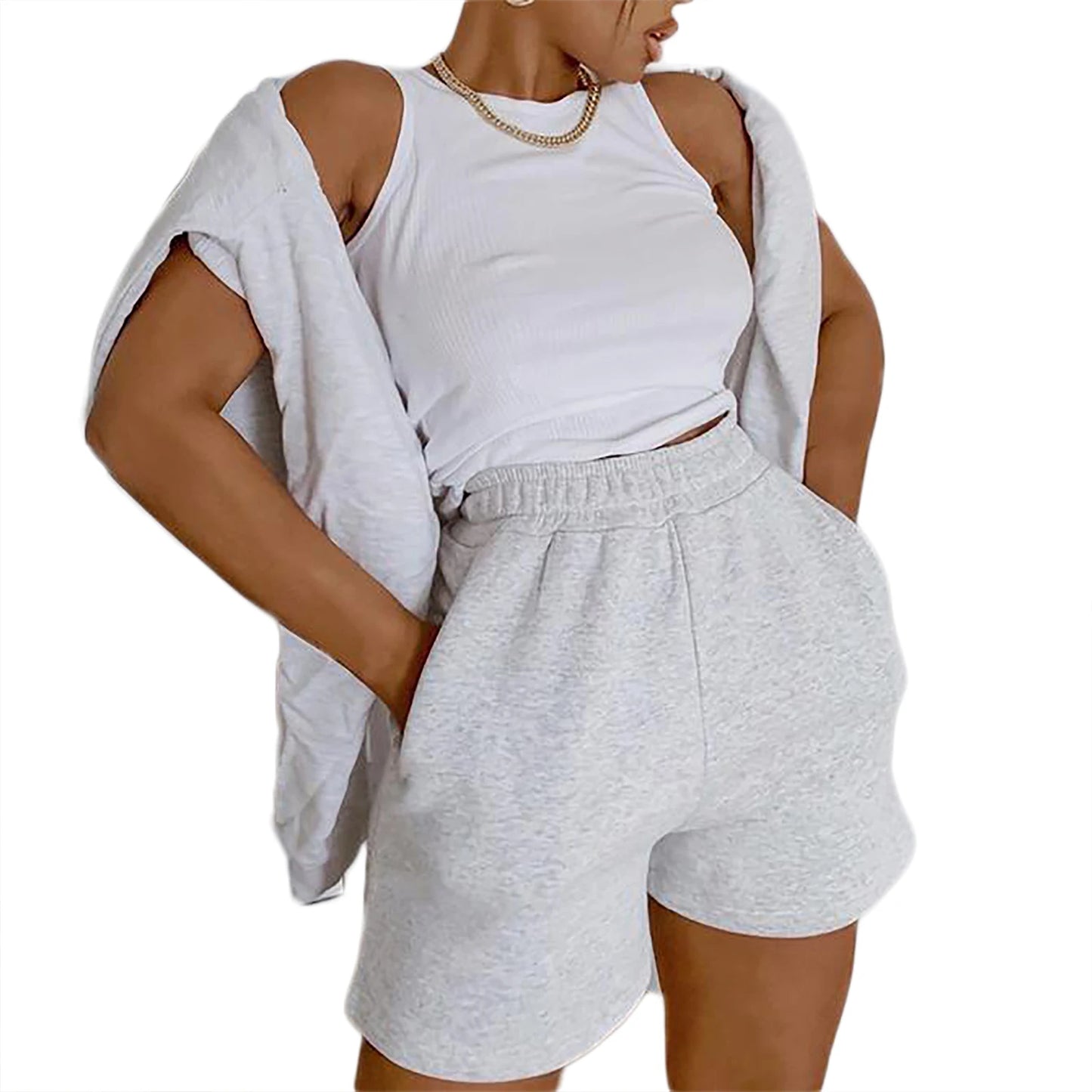 Women Solid Color Shorts Adults Casual Style Pants with Slant Pockets (White Black Grey)