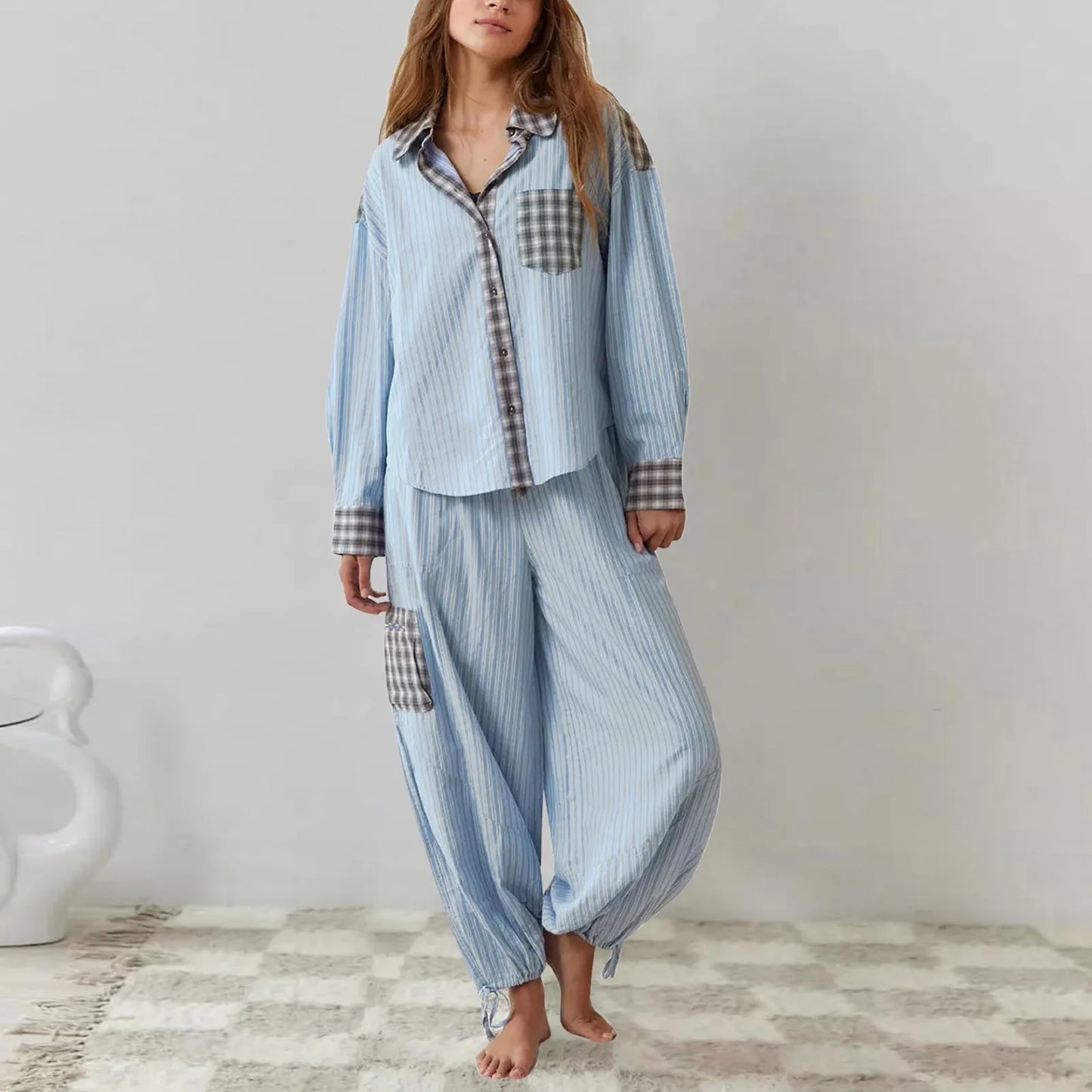 Plaid Print Loungewear Women 2 Piece Set Spring Autumn Vintage Casaul Pajama Button Up Lapel Shirts+Wide Leg Pant Sets Sleepwear
