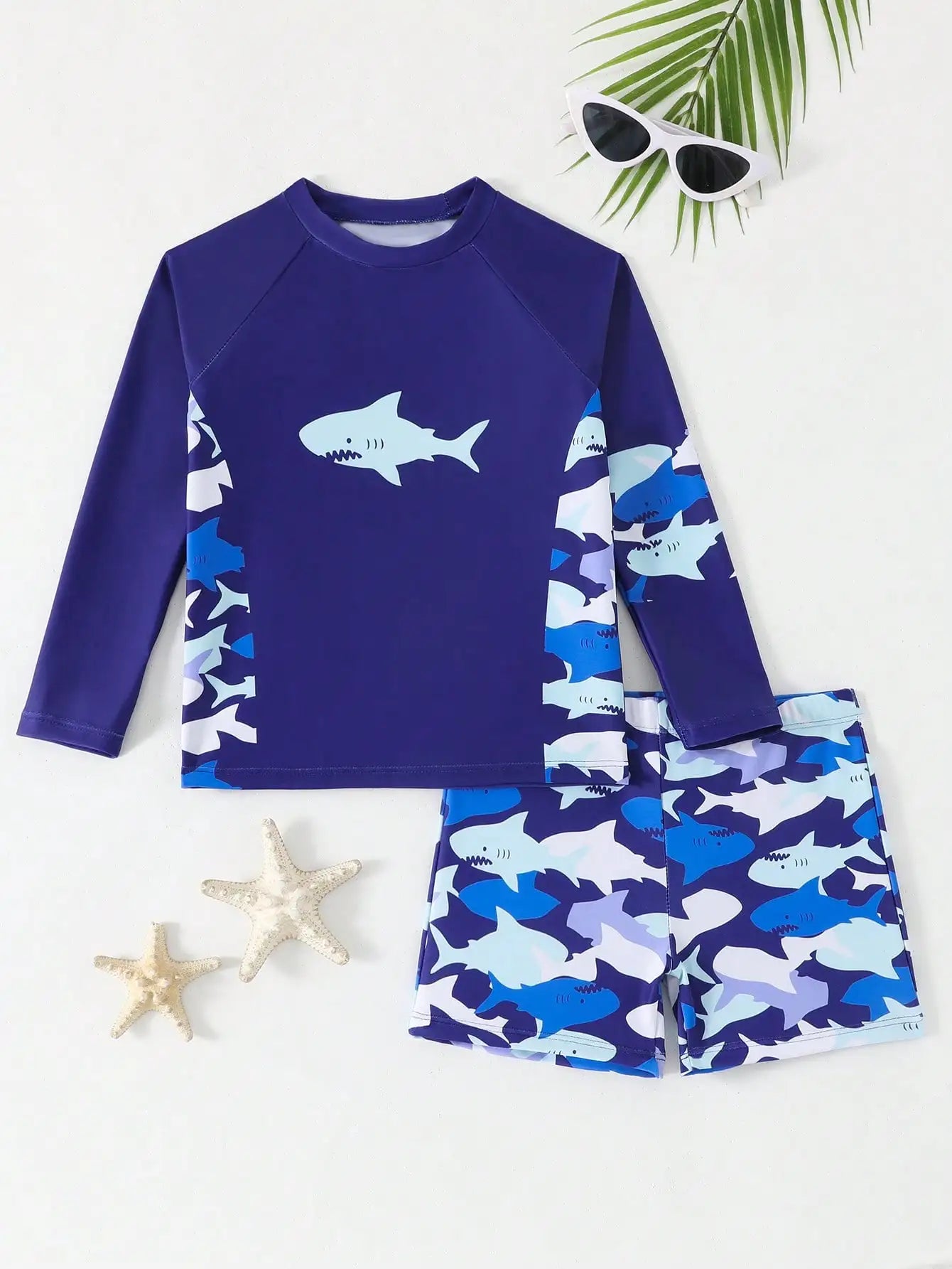 Tropical Print Boys Swimwear Set With Long Sleeve Top