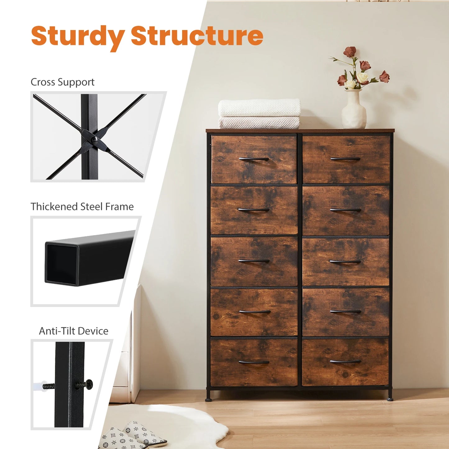 10 Fabric Drawers Wardrobe Steel Frame Storage Cabinet