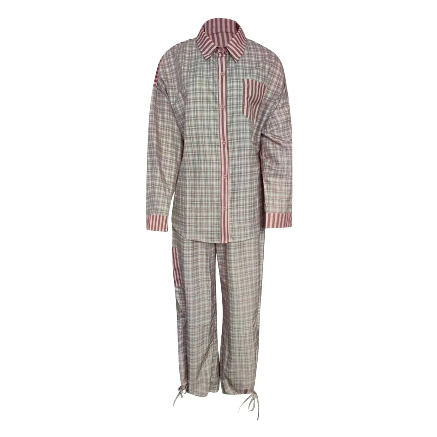 Plaid Print Loungewear Women 2 Piece Set Spring Autumn Vintage Casaul Pajama Button Up Lapel Shirts+Wide Leg Pant Sets Sleepwear