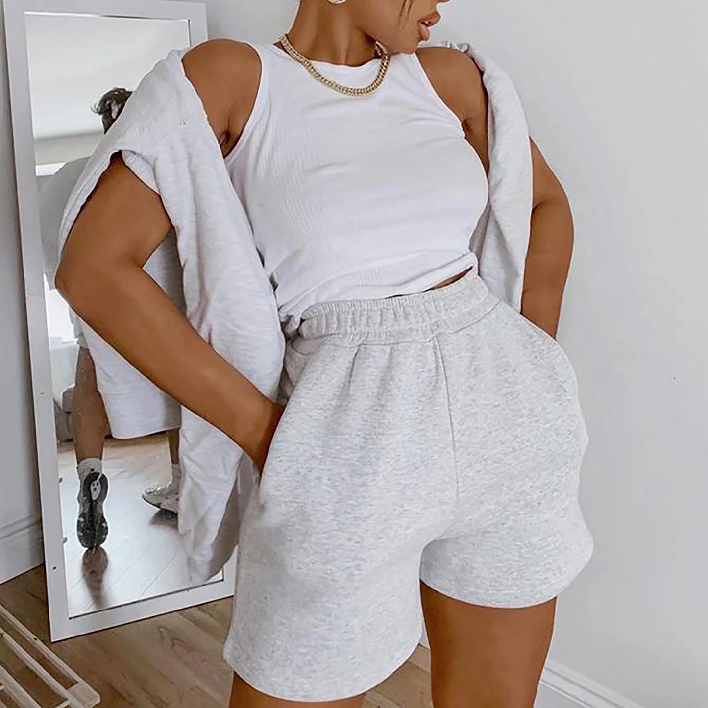 Women Solid Color Shorts Adults Casual Style Pants with Slant Pockets (White Black Grey)