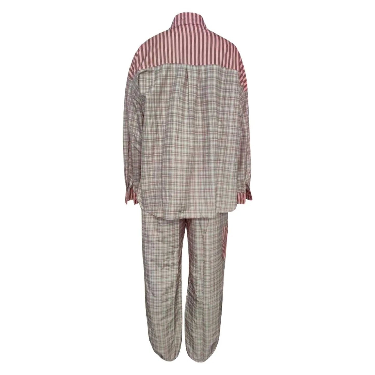 Plaid Print Loungewear Women 2 Piece Set Spring Autumn Vintage Casaul Pajama Button Up Lapel Shirts+Wide Leg Pant Sets Sleepwear