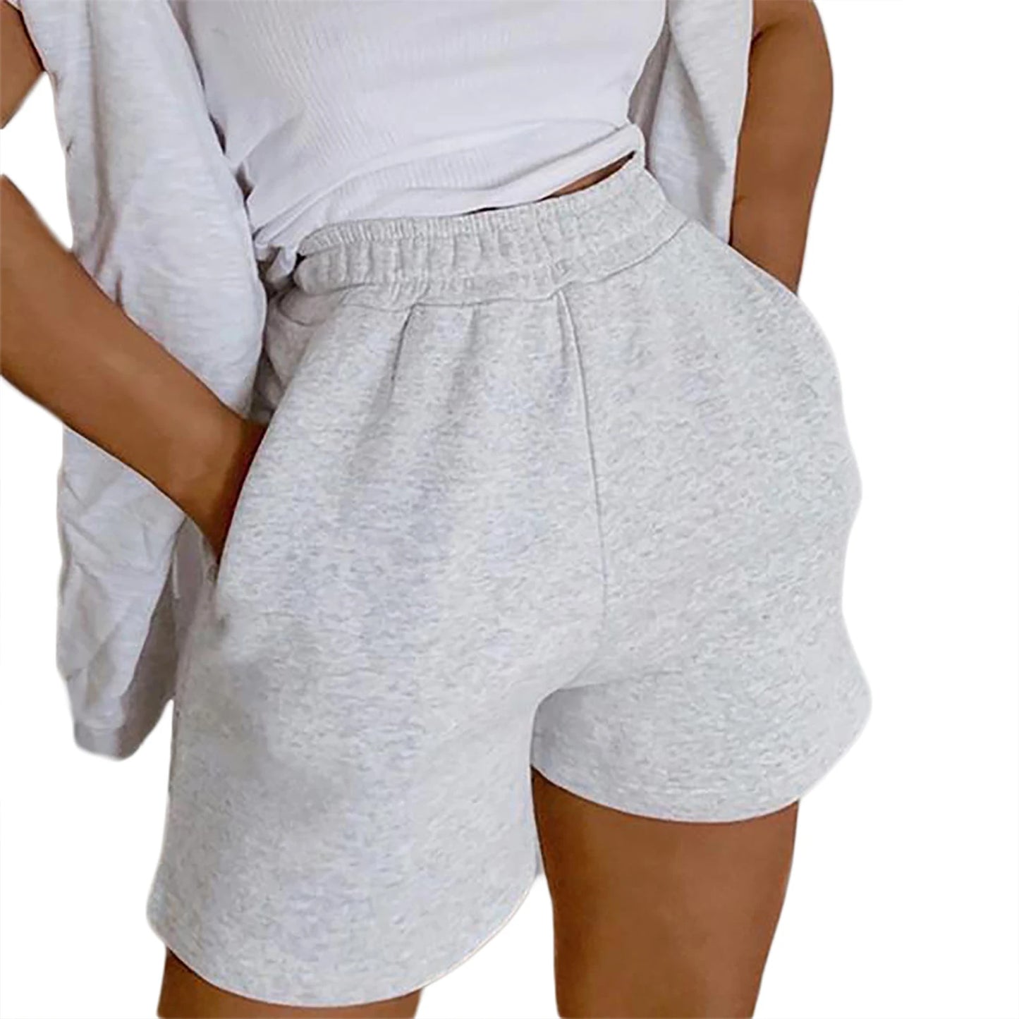 Women Solid Color Shorts Adults Casual Style Pants with Slant Pockets (White Black Grey)