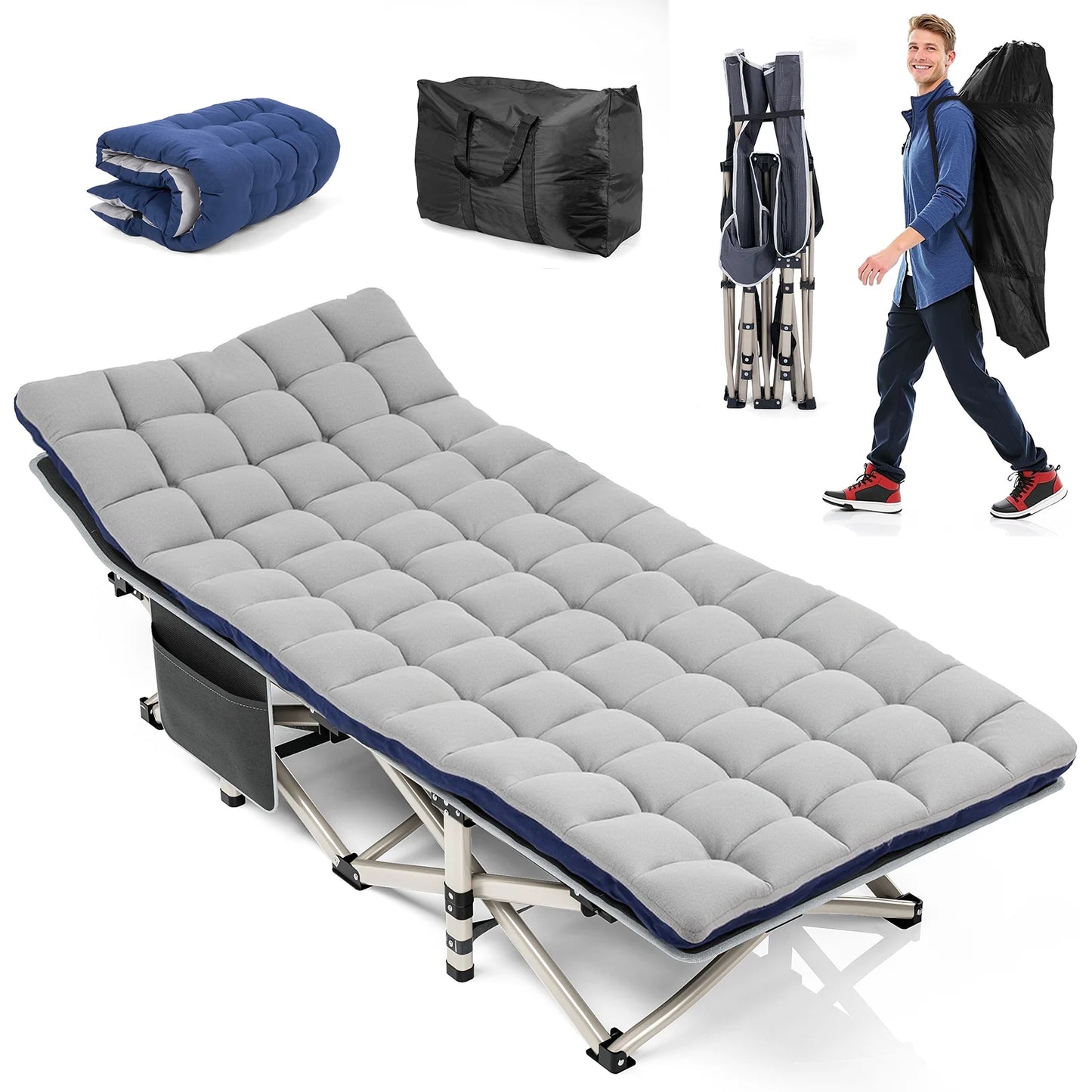 Folding Camping Cot W/Mat for Adults