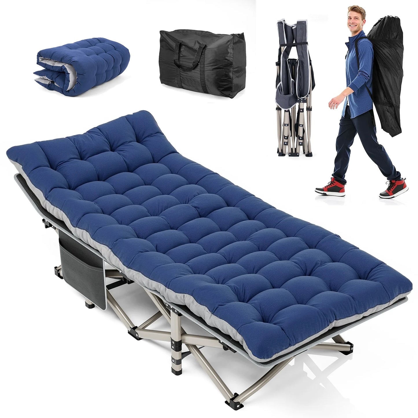 Folding Camping Cot W/Mat for Adults