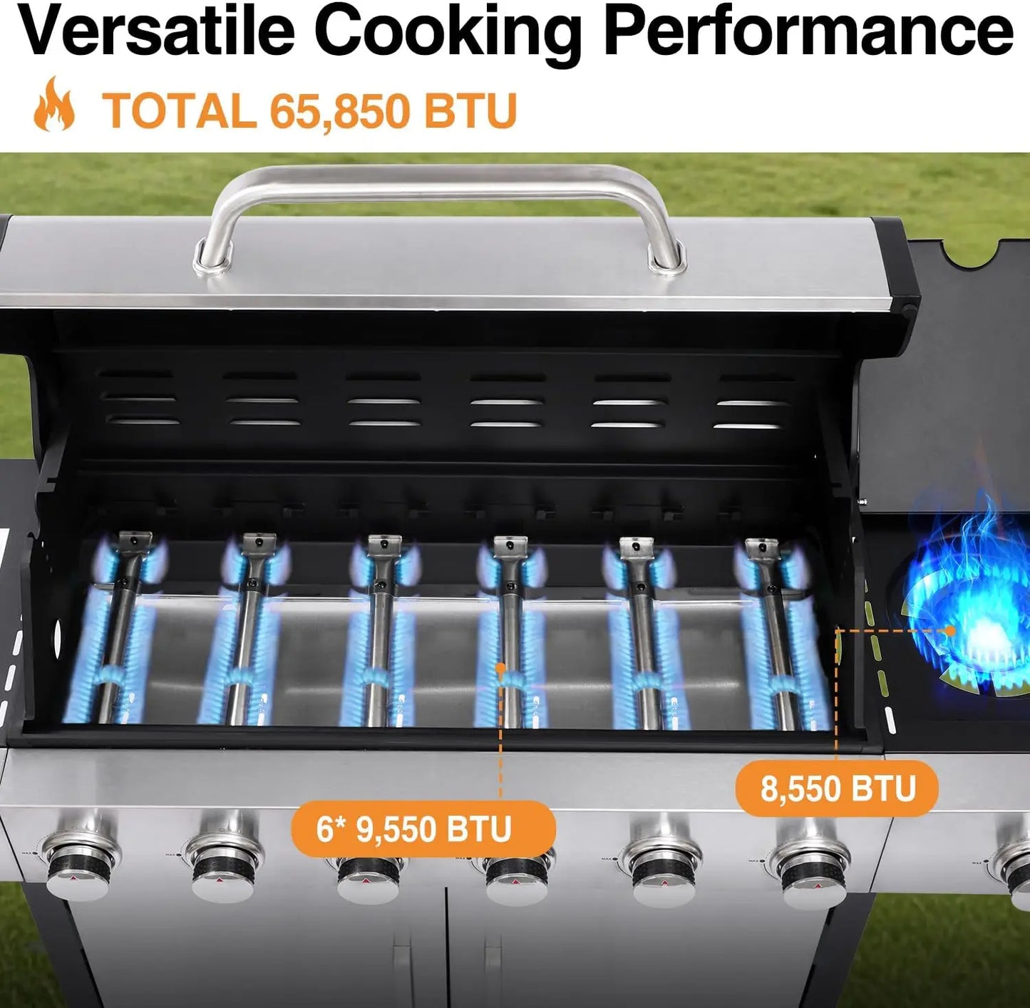 Six Burner Gas Grill With Cast Iron Grates For Backyard