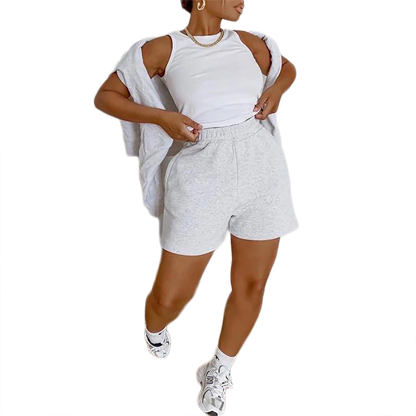 Women Solid Color Shorts Adults Casual Style Pants with Slant Pockets (White Black Grey)