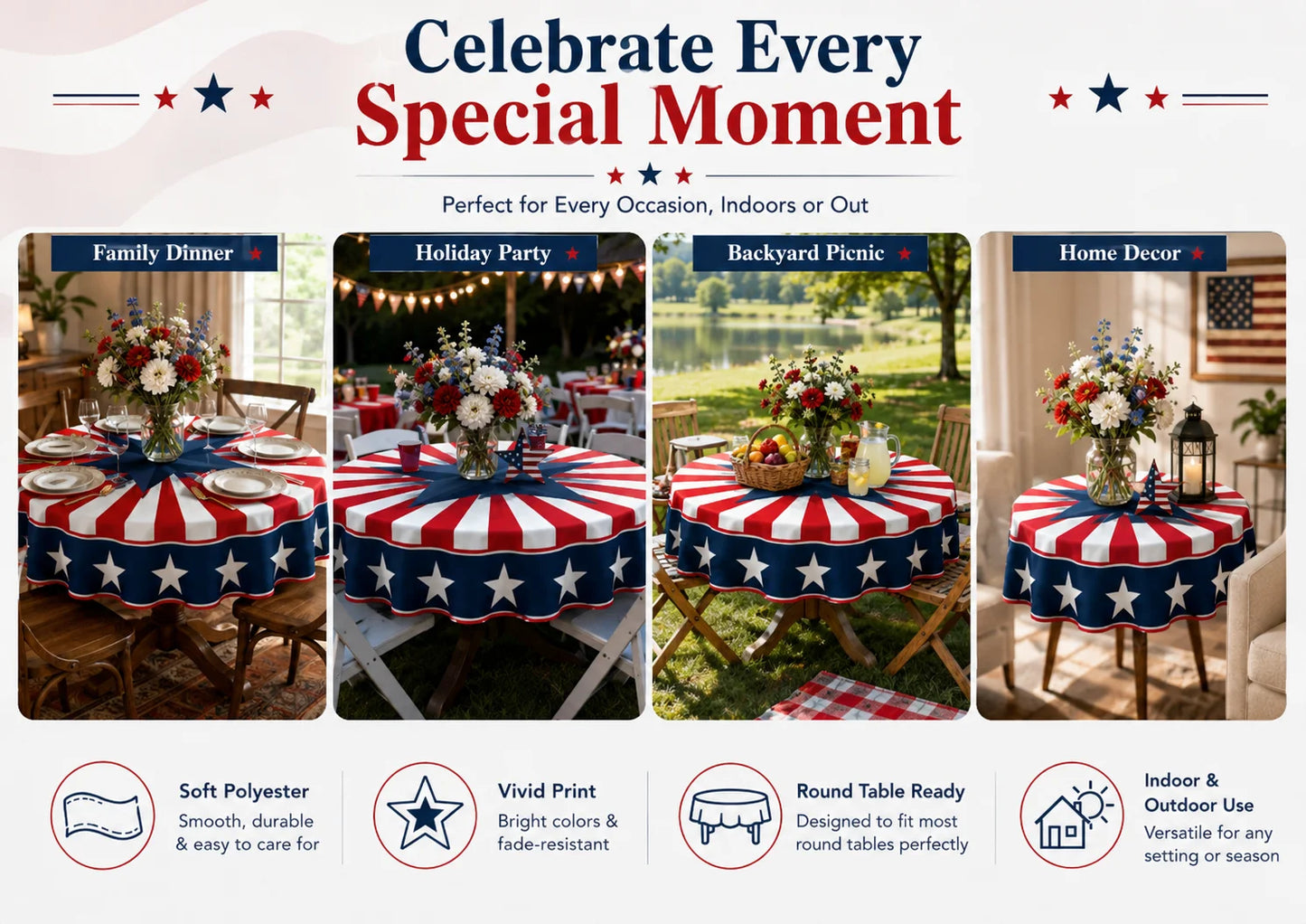 Patriotic Round Tablecloth for Indoor Outdoor Dining