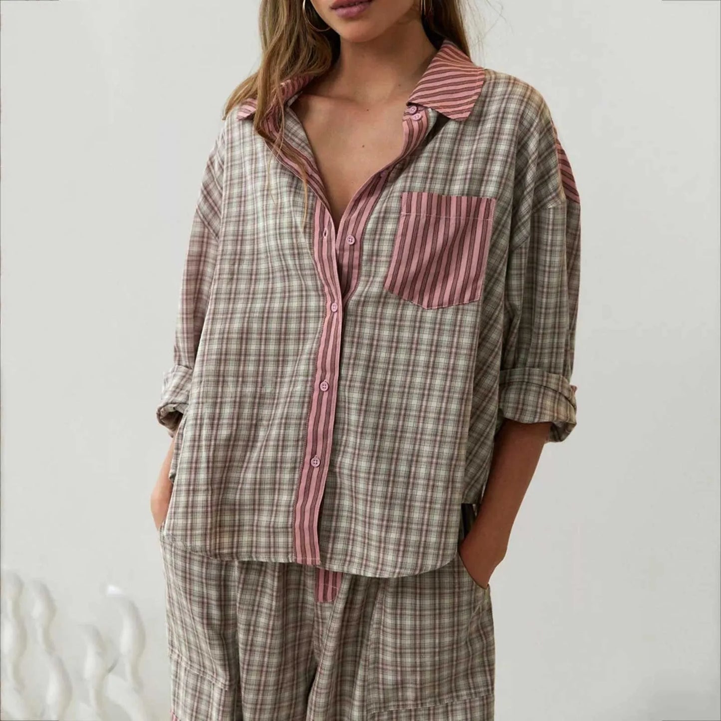Plaid Print Loungewear Women 2 Piece Set Spring Autumn Vintage Casaul Pajama Button Up Lapel Shirts+Wide Leg Pant Sets Sleepwear