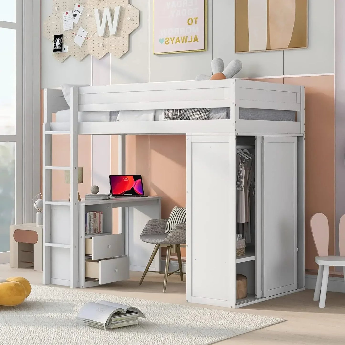 Loft Bed with Desk Twin Size,