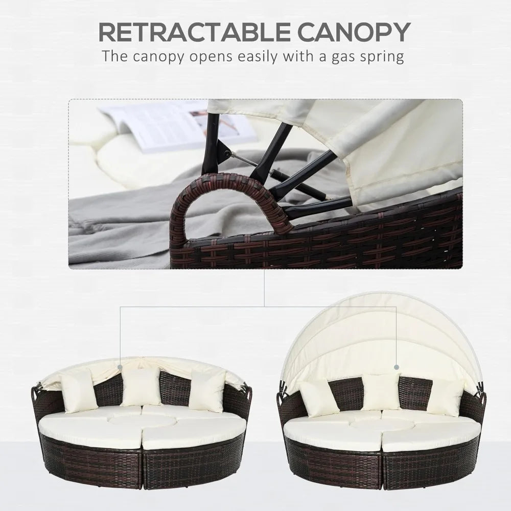 Round Convertible Daybed With Cushions Outdoor PE Rattan 4-Piece