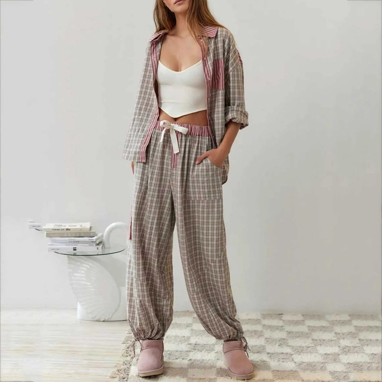 Plaid Print Loungewear Women 2 Piece Set Spring Autumn Vintage Casaul Pajama Button Up Lapel Shirts+Wide Leg Pant Sets Sleepwear