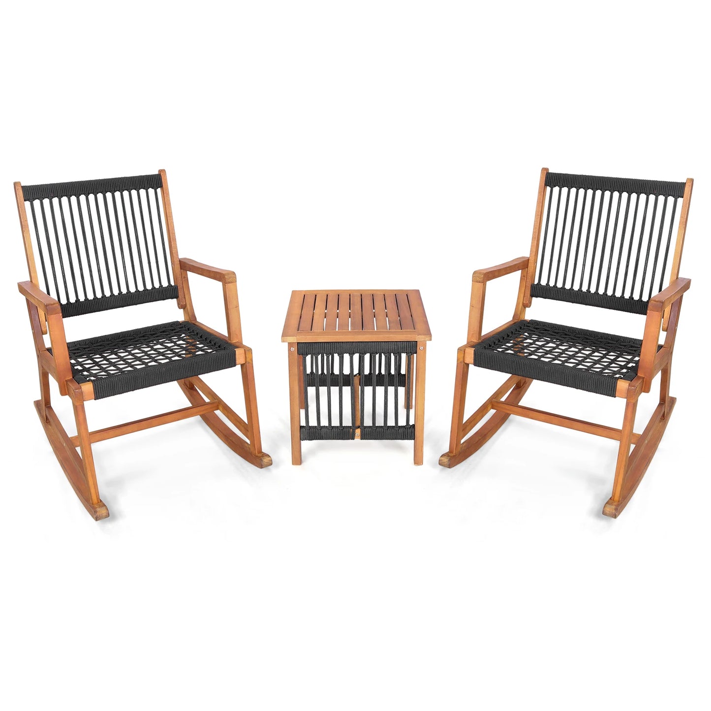 Outdoor Acacia Wood Patio Bistro Set With Rocking Chairs