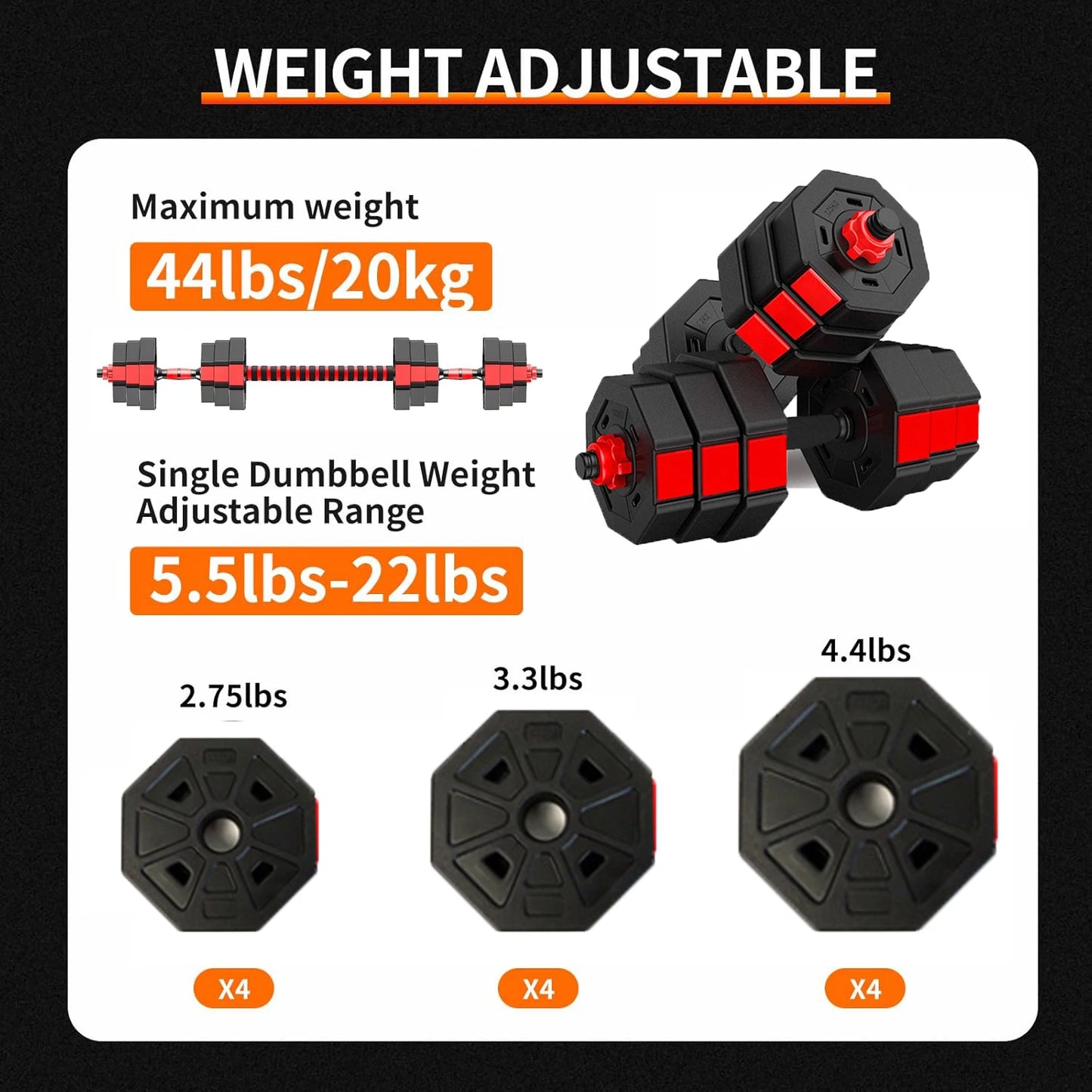 Adjustable Dumbbell To Barbell Fitness Set 44lbs Anti Slip Grip 3 In 1