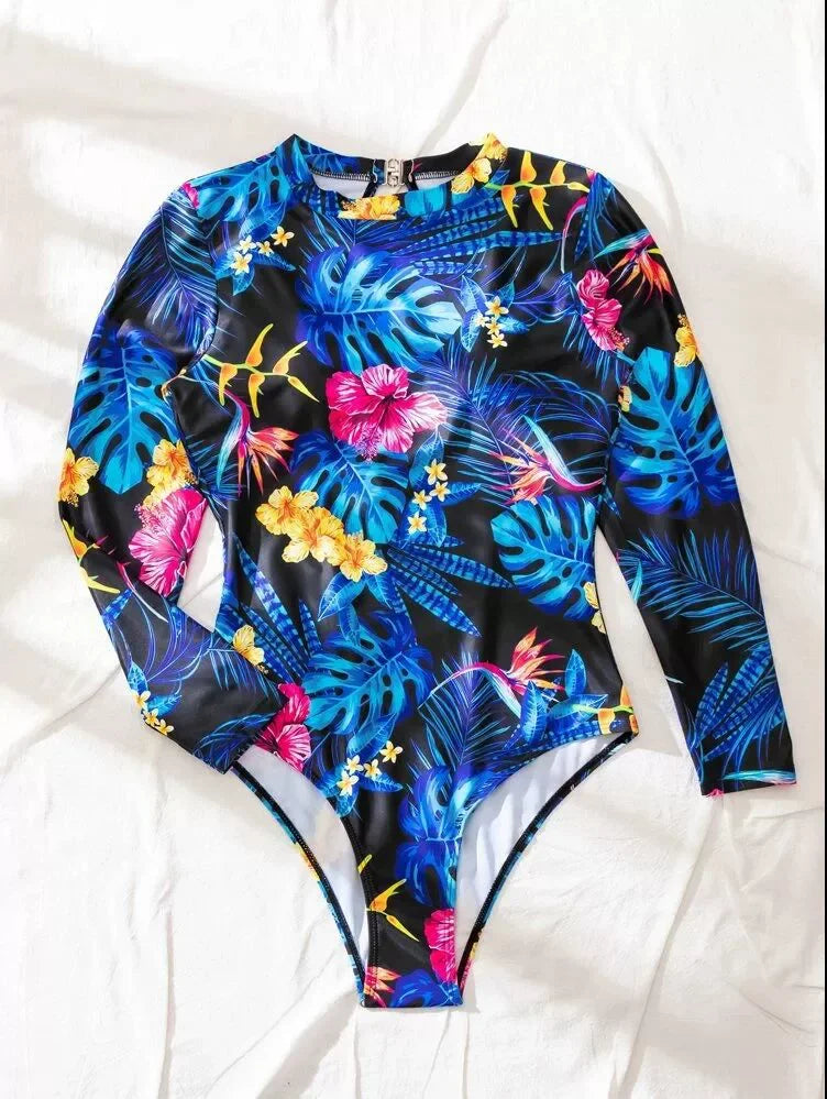 Women's Long Sleeve High Collar Backless One Piece Swimsuit