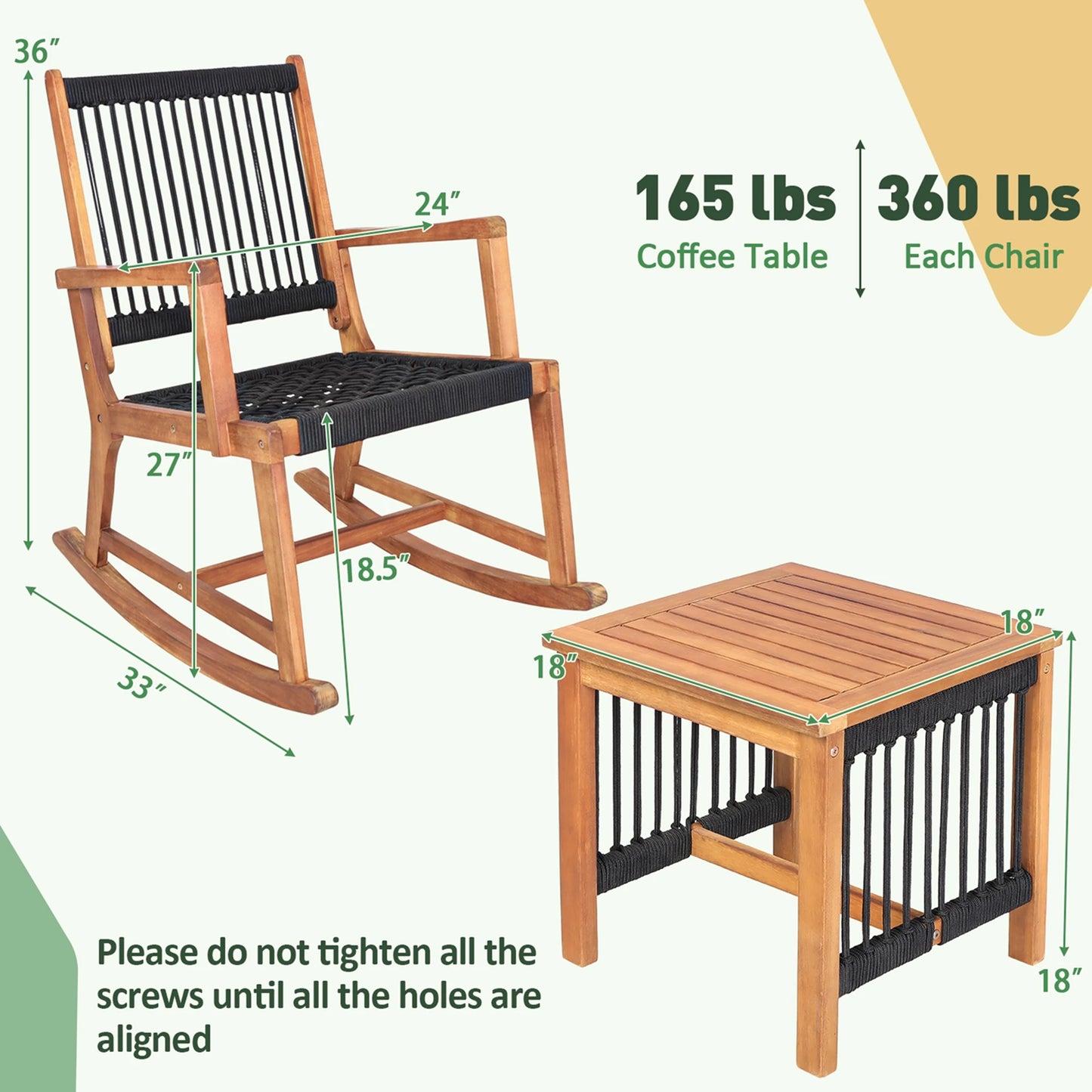 Outdoor Acacia Wood Patio Bistro Set With Rocking Chairs