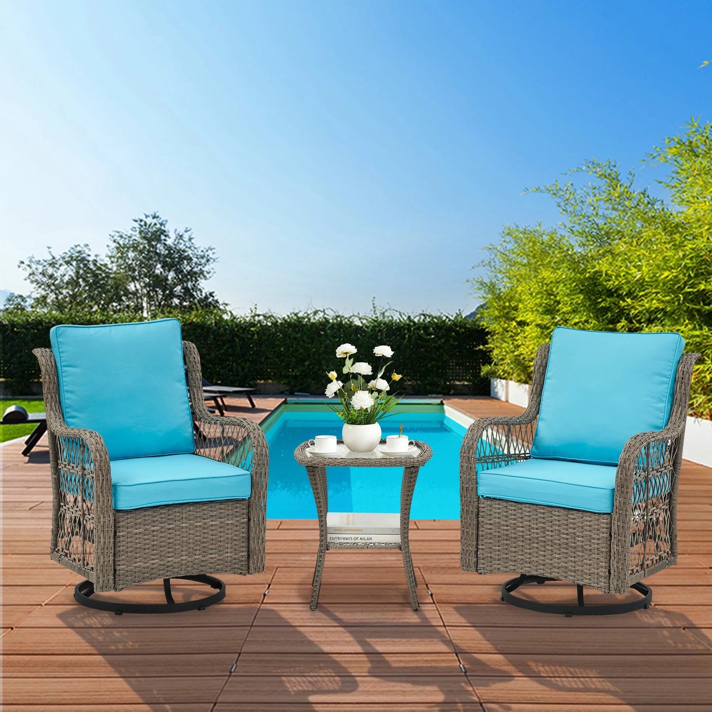 Outdoor Wicker Swivel Chair Set 3 Pieces For Garden Patio