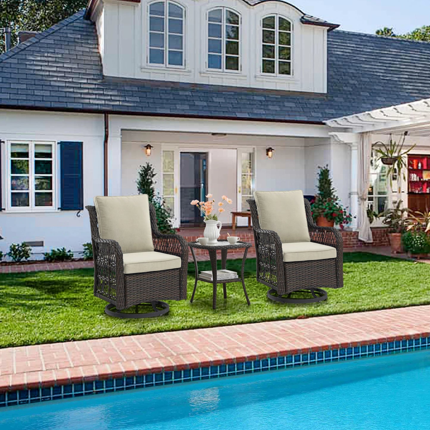 Outdoor Wicker Swivel Chair Set 3 Pieces For Garden Patio