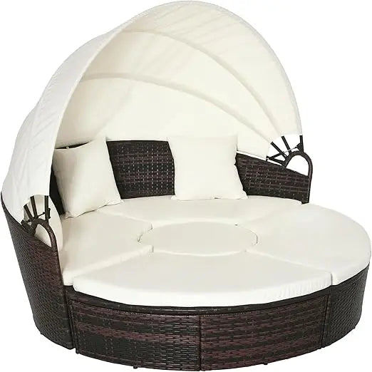 Round Convertible Daybed With Cushions Outdoor PE Rattan 4-Piece