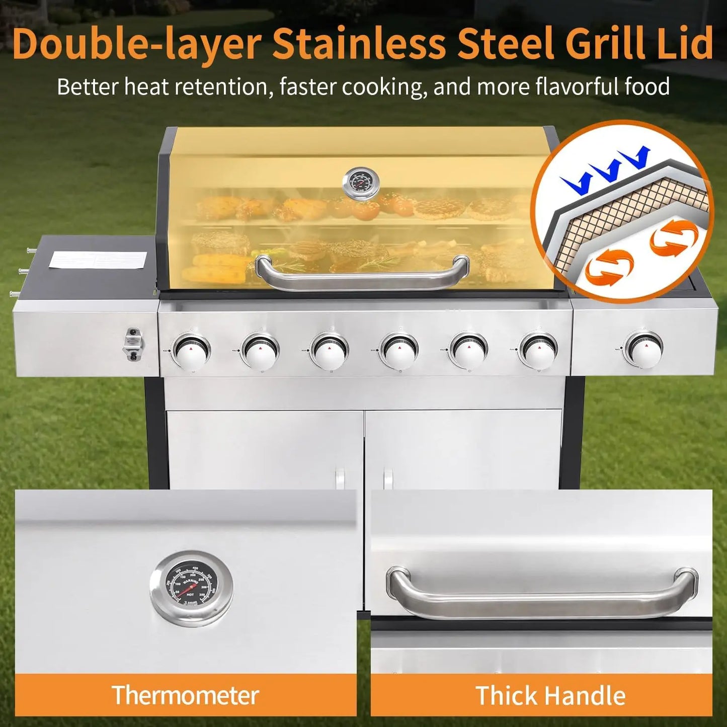 Six Burner Gas Grill With Cast Iron Grates For Backyard