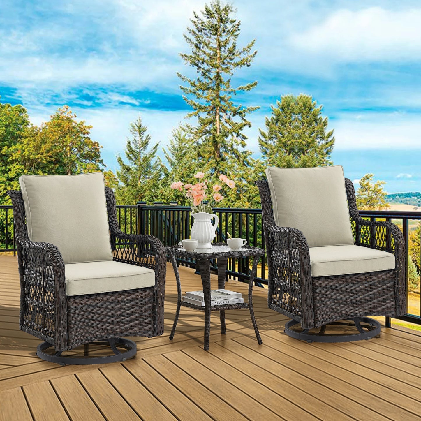 Outdoor Wicker Swivel Chair Set 3 Pieces For Garden Patio