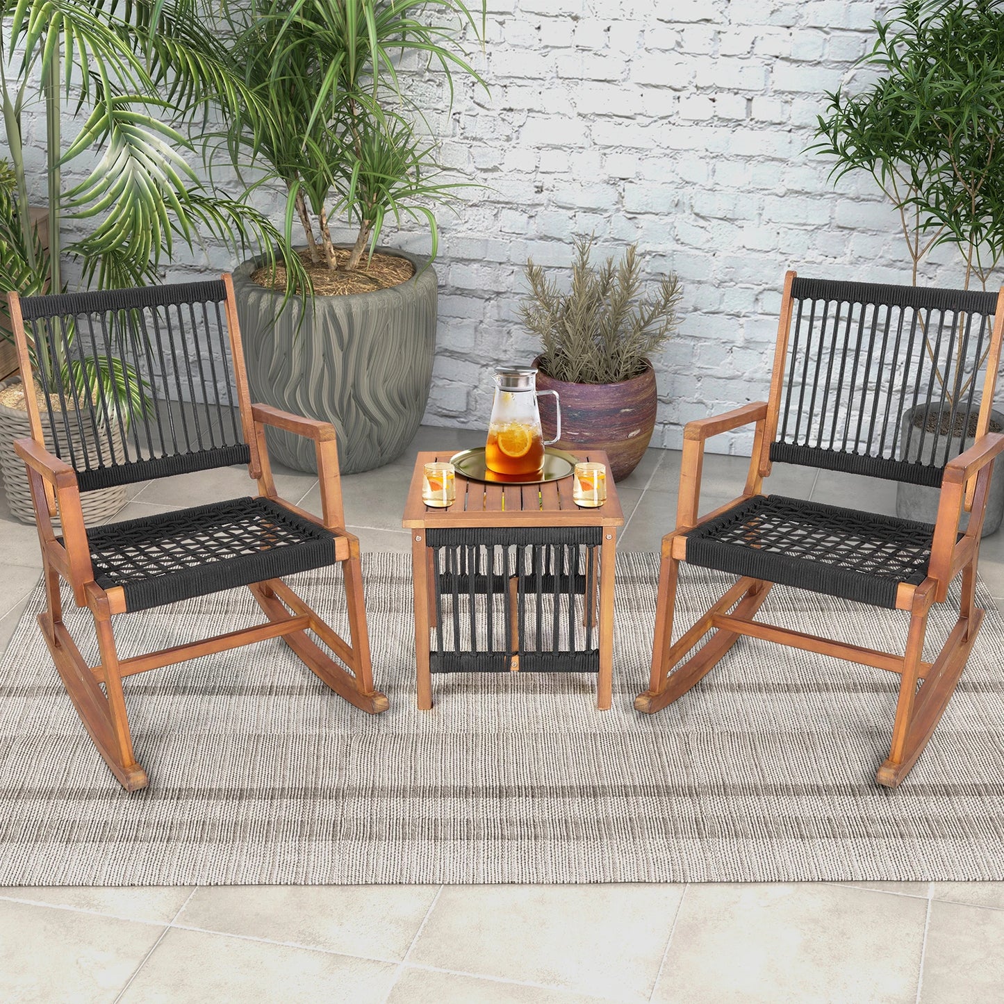 Outdoor Acacia Wood Patio Bistro Set With Rocking Chairs