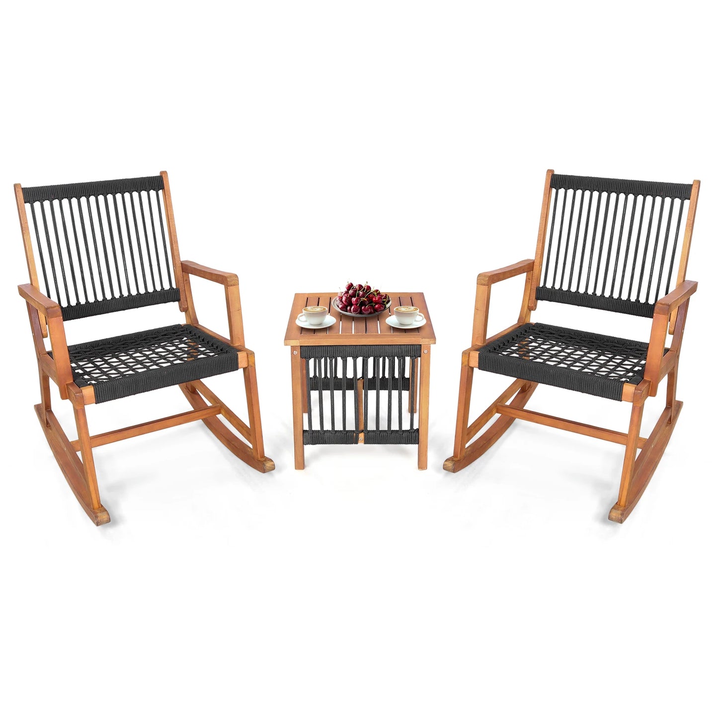 Outdoor Acacia Wood Patio Bistro Set With Rocking Chairs
