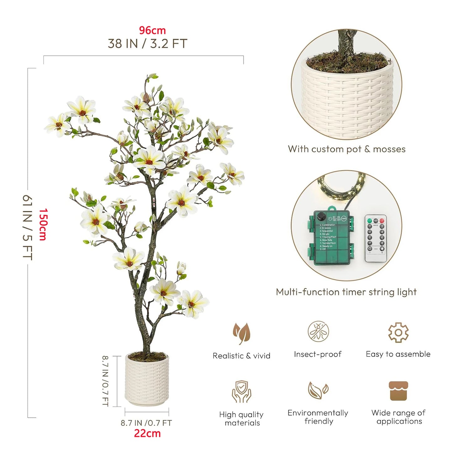 Artificial Magnolia Plant With LED Lights Faux Flower Tree Decor