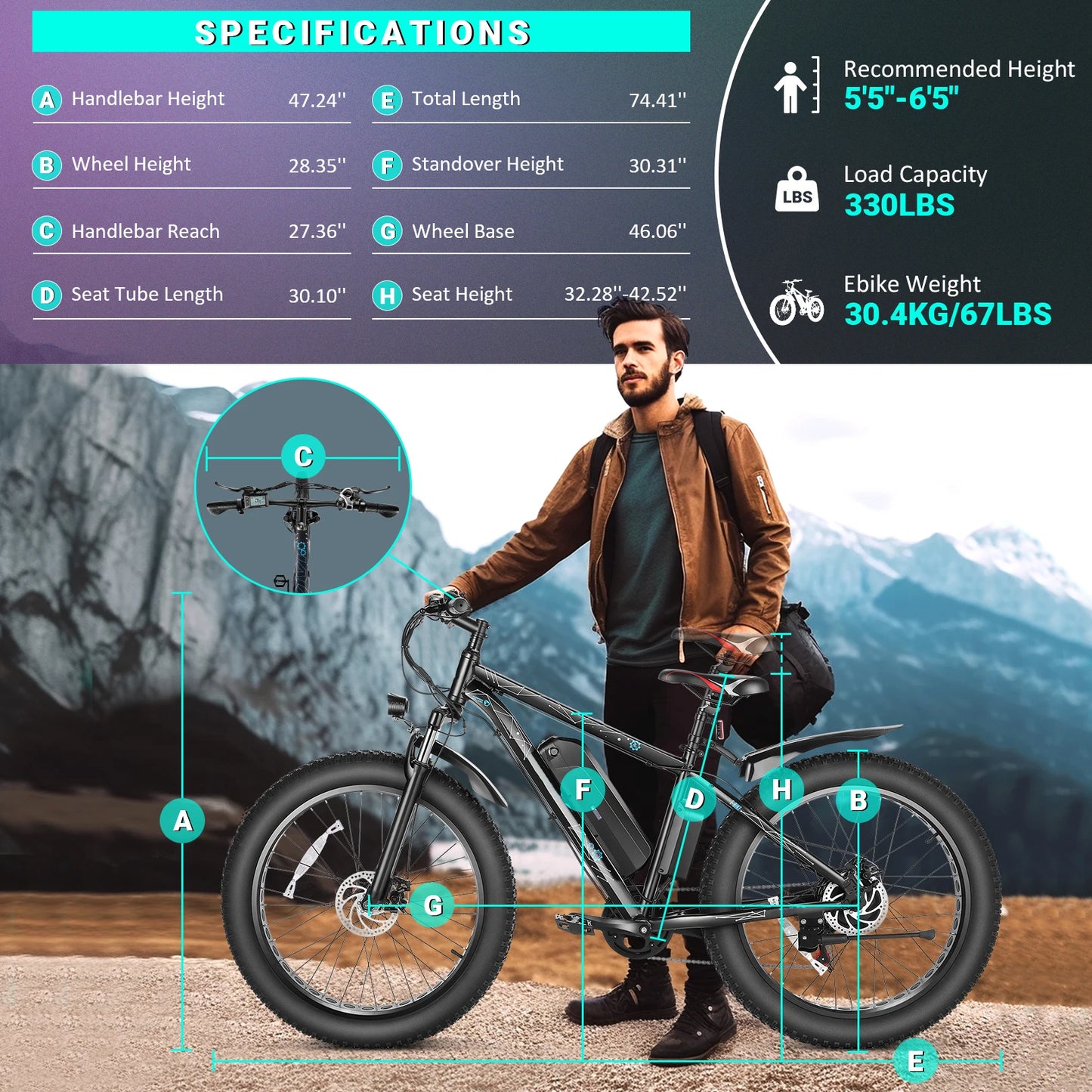 Fat Tire Electric Bike with 500W Motor, 48V 13Ah Removable Battery