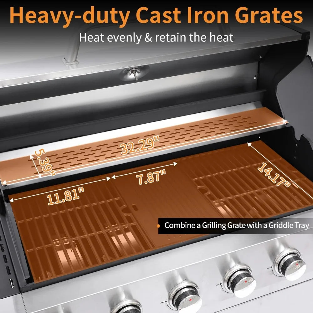 Six Burner Gas Grill With Cast Iron Grates For Backyard