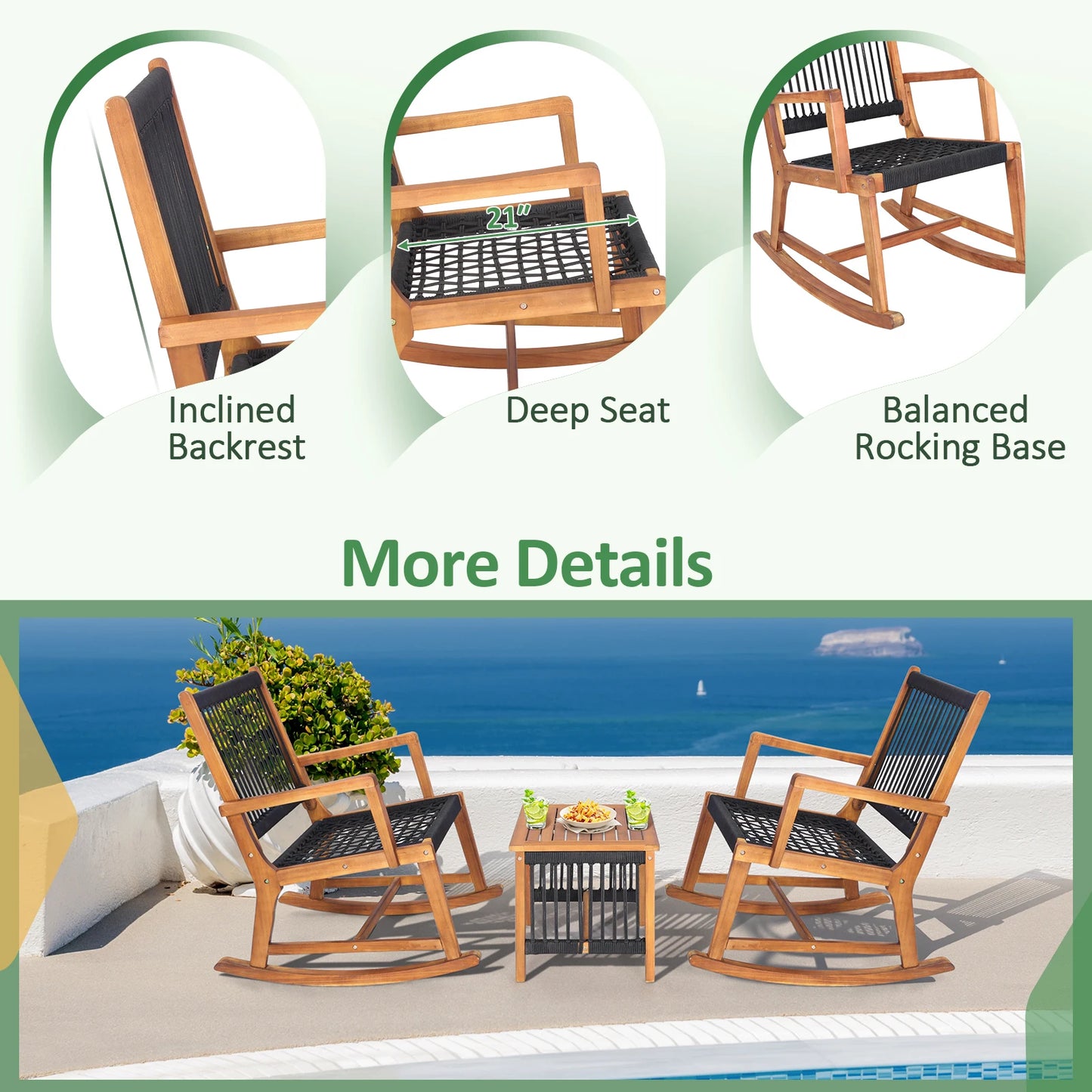 Outdoor Acacia Wood Patio Bistro Set With Rocking Chairs