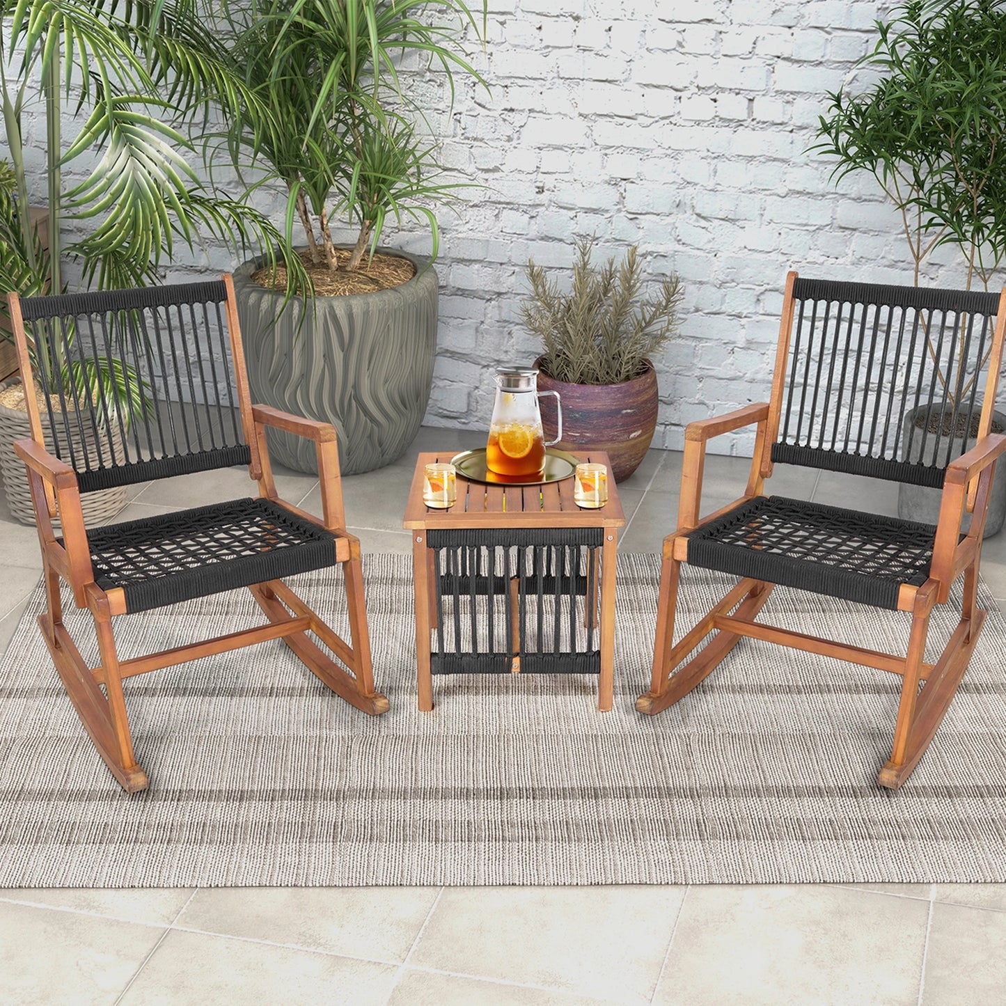 Outdoor Acacia Wood Patio Bistro Set With Rocking Chairs