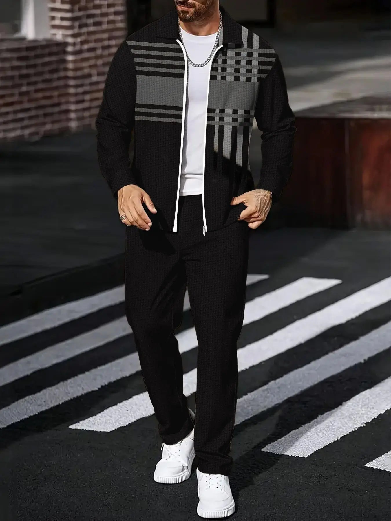 Mens European American Style Sports Knit Top And Pants Set