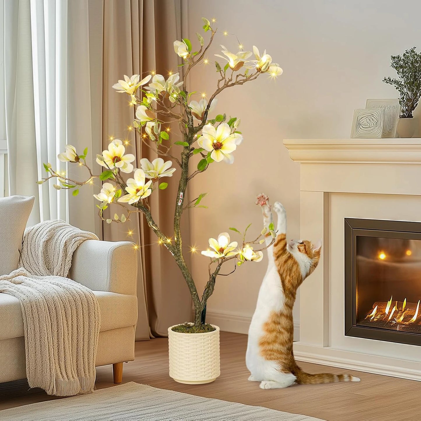 Artificial Magnolia Plant With LED Lights Faux Flower Tree Decor