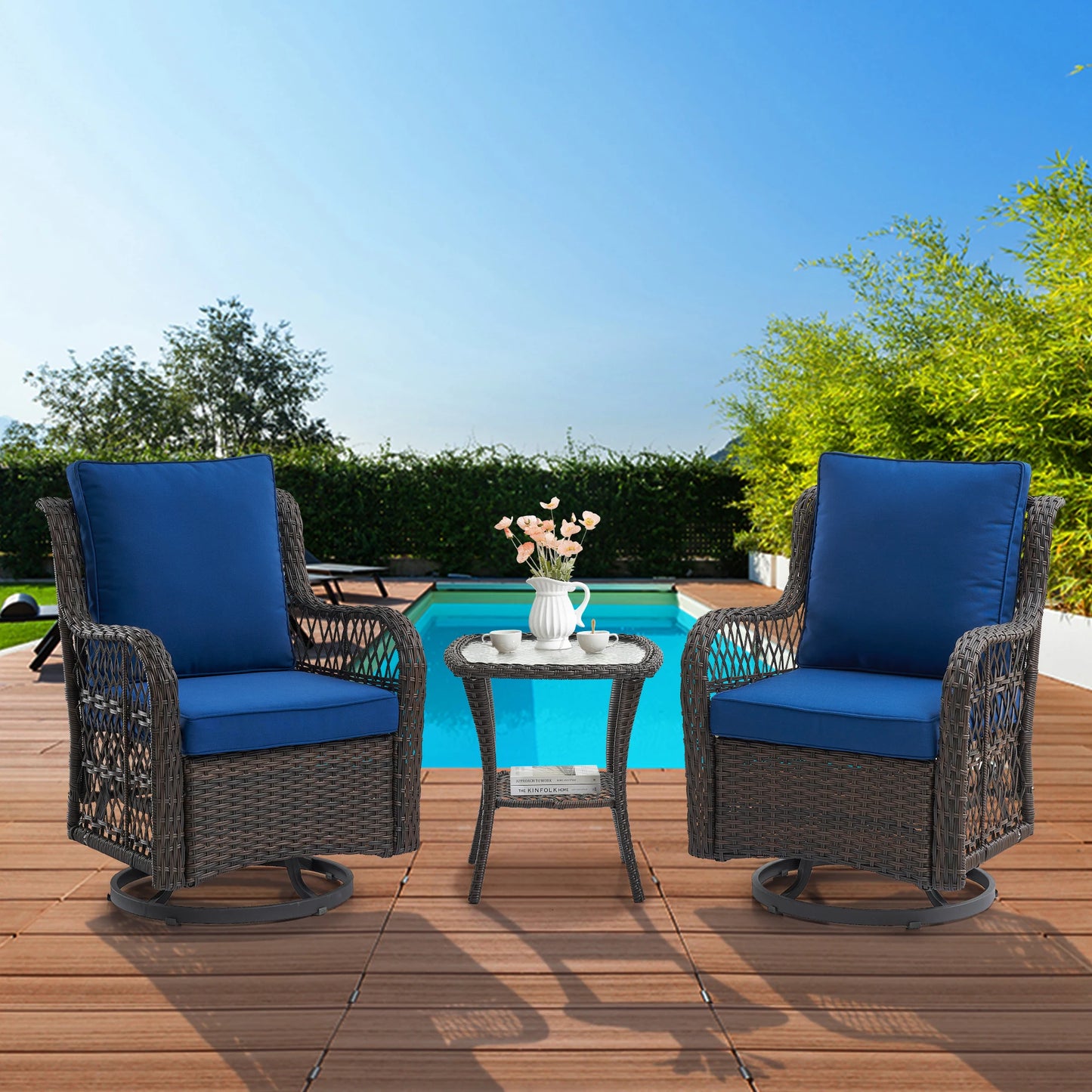 Outdoor Wicker Swivel Chair Set 3 Pieces For Garden Patio