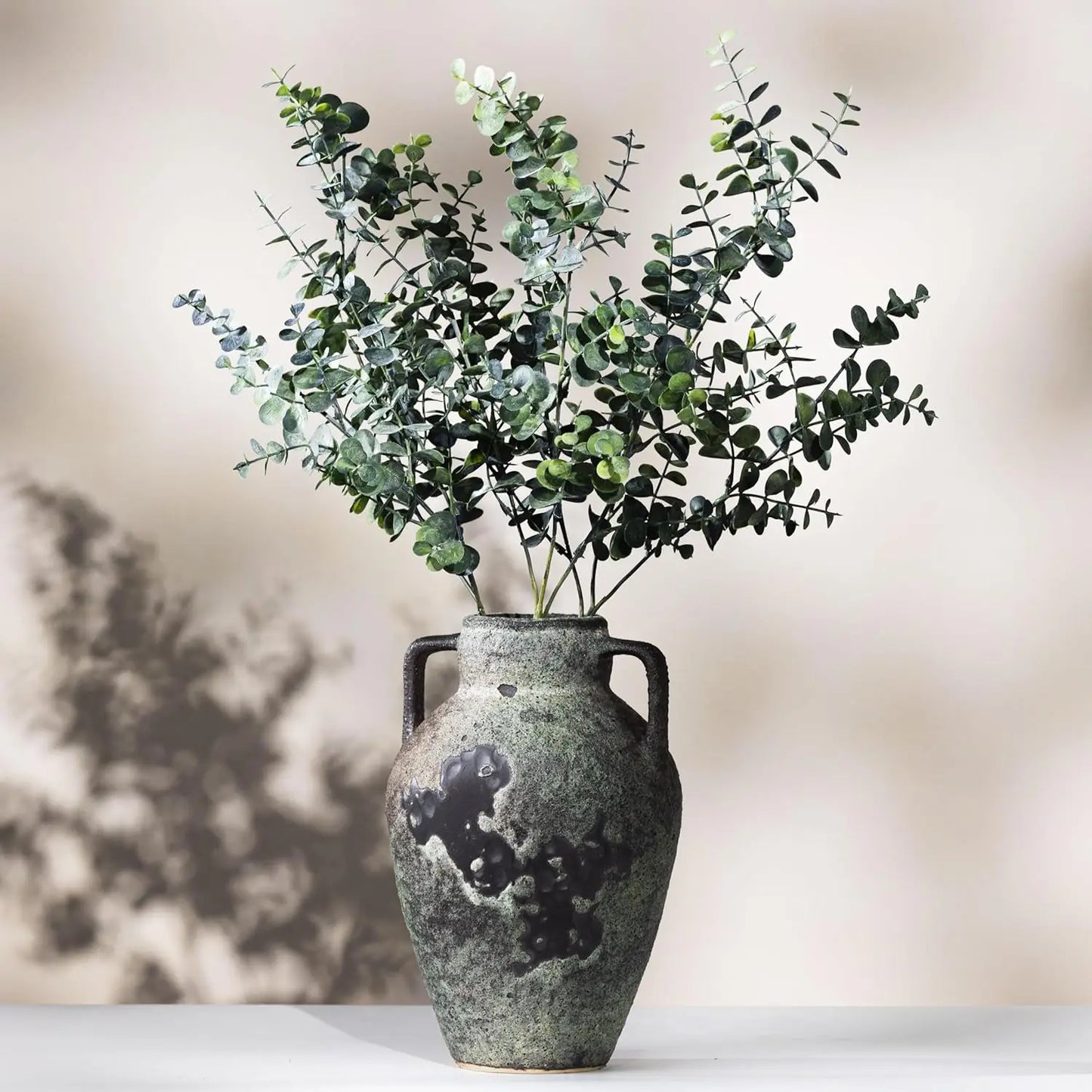 Rustic Ceramic Vase with 3 Artificial 22 Inch Eucalyptus Stems