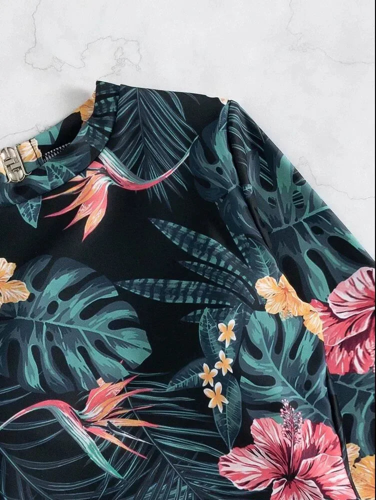 Women's Long Sleeve High Collar Backless One Piece Swimsuit