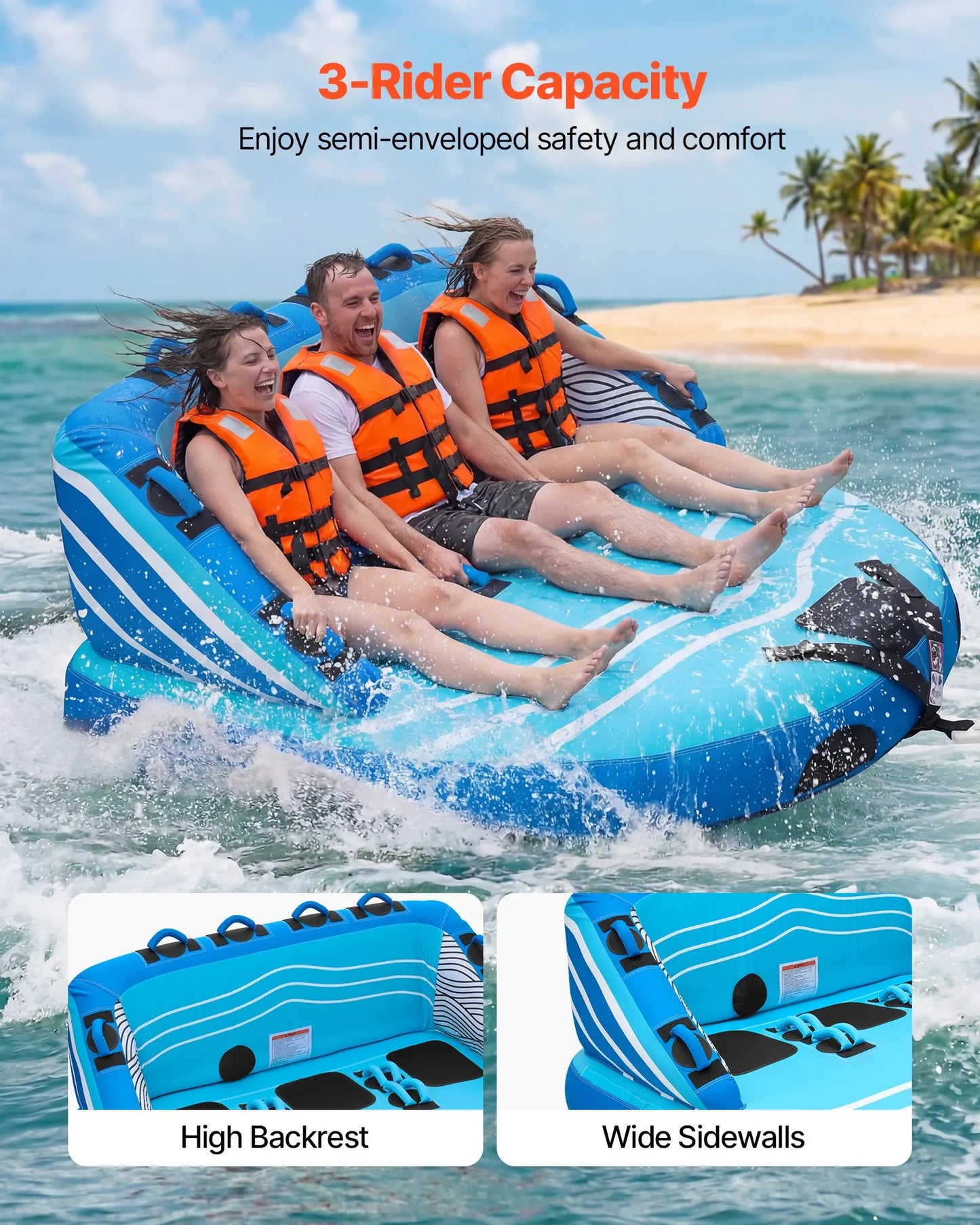 VEVOR 3 Rider Towable Tube for Boating D Shaped Backrest