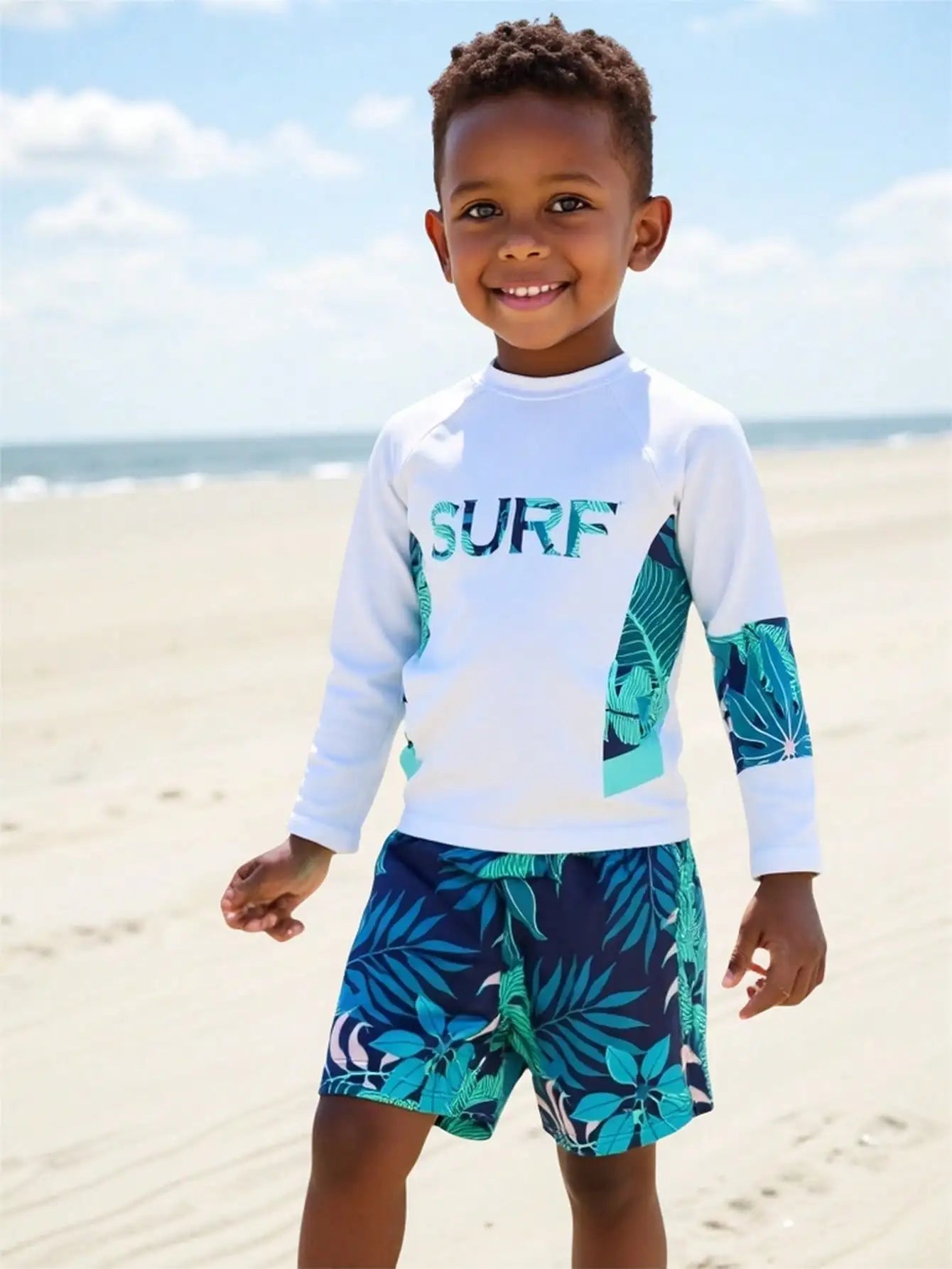 Tropical Print Boys Swimwear Set With Long Sleeve Top