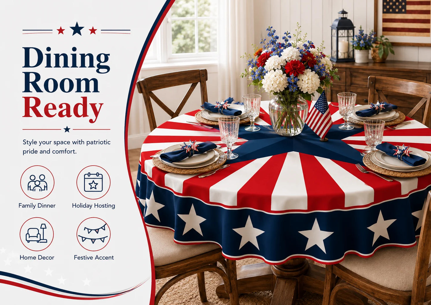 Patriotic Round Tablecloth for Indoor Outdoor Dining