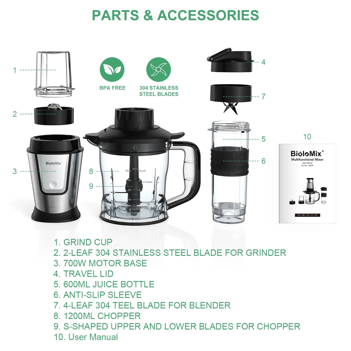 BioloMix 700W 3 in 1 Portable Food Processor Juicer Blender