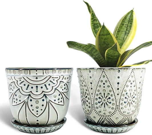 Ceramic Planter Set of 2 with Drainage Holes and Saucers
