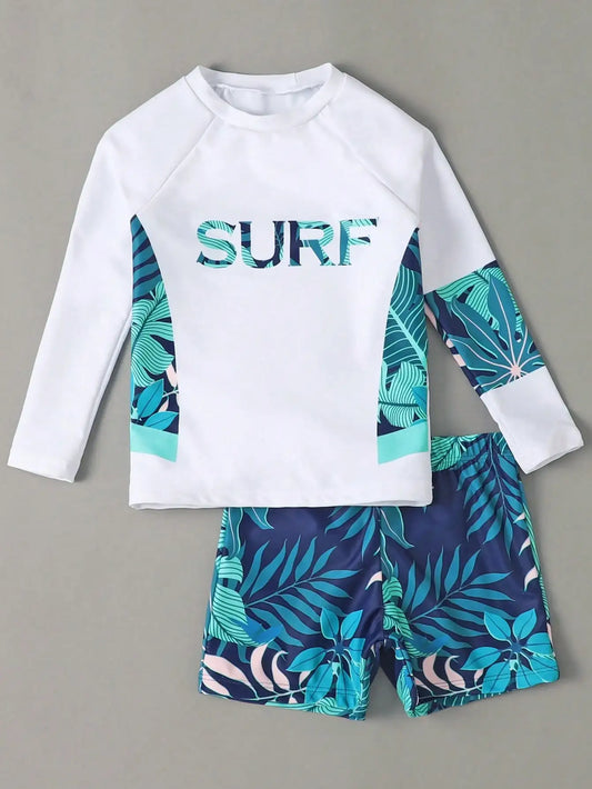 Tropical Print Boys Swimwear Set With Long Sleeve Top