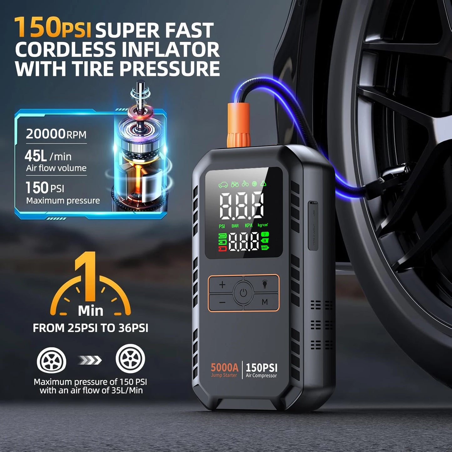 Four In One Car Jump Starter Air Compressor Peak 5000A
