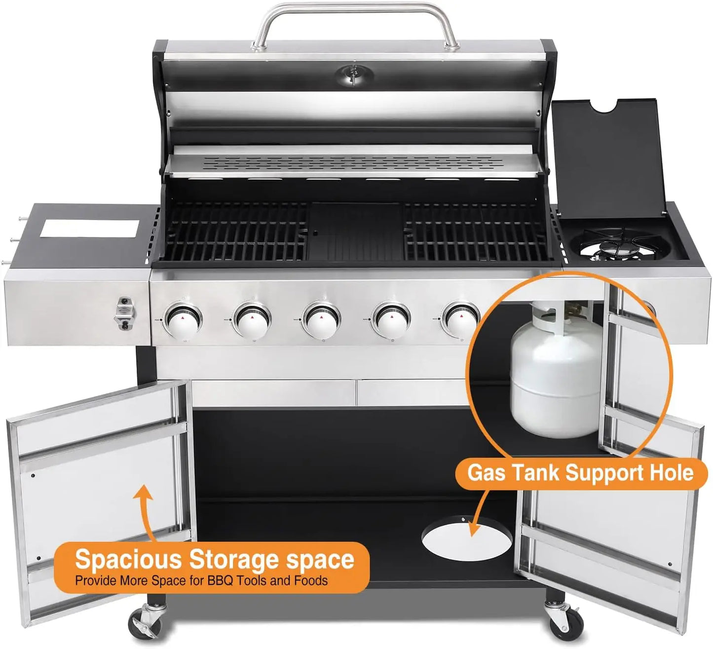 Six Burner Gas Grill With Cast Iron Grates For Backyard