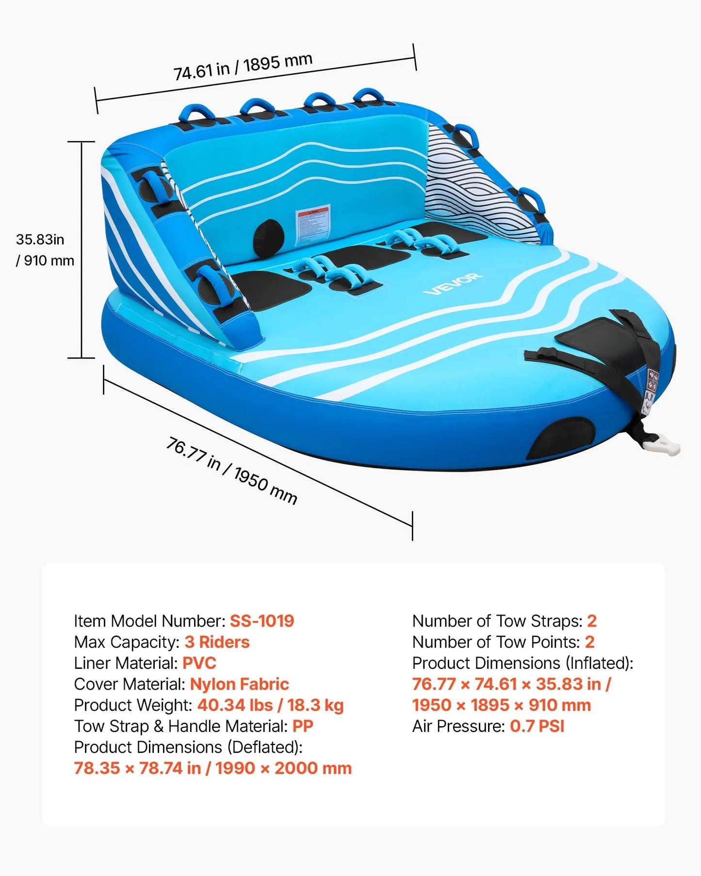 VEVOR 3 Rider Towable Tube for Boating D Shaped Backrest