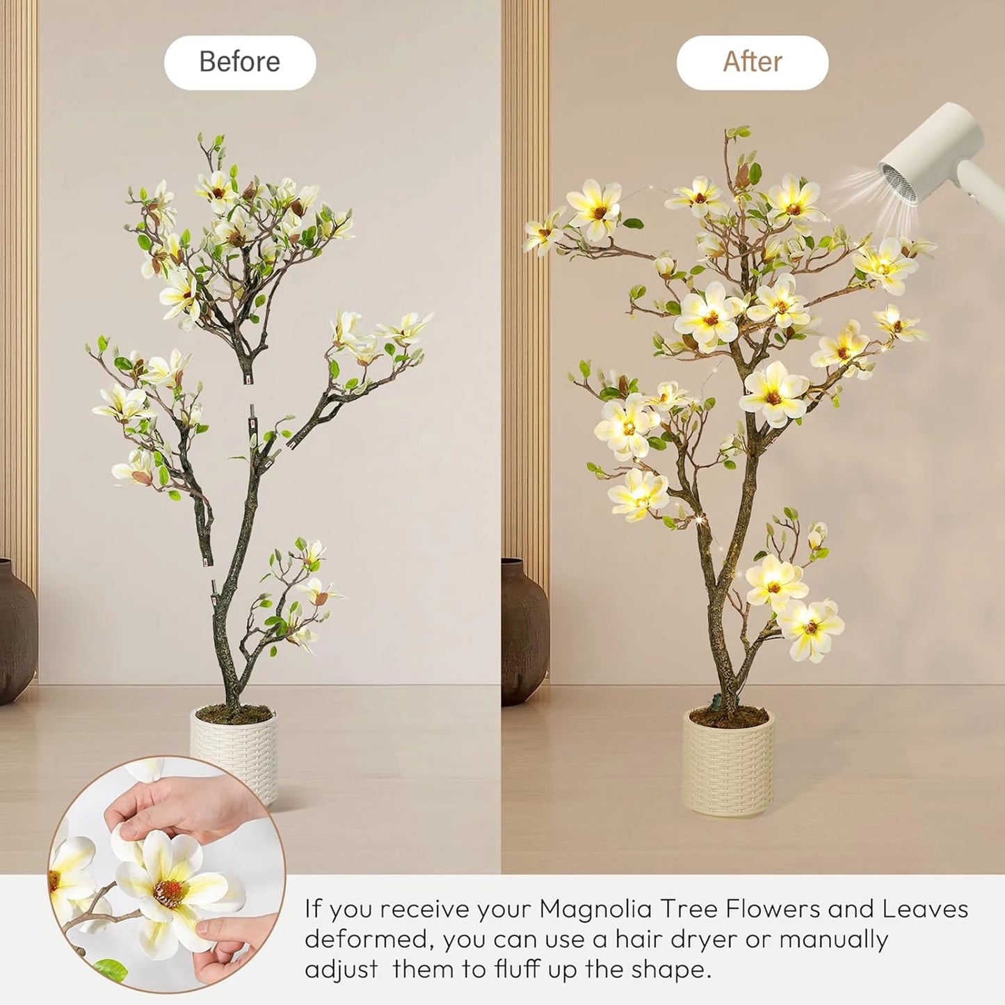 Artificial Magnolia Plant With LED Lights Faux Flower Tree Decor
