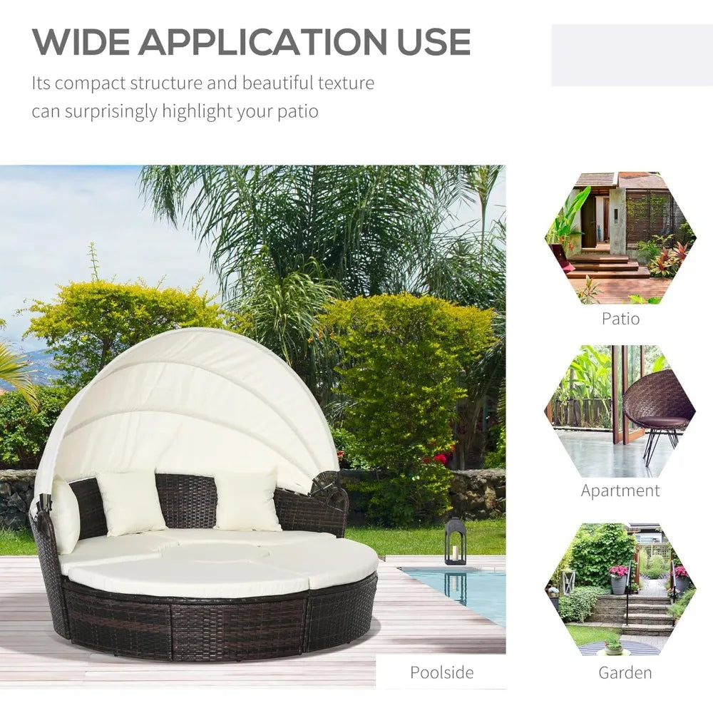 Round Convertible Daybed With Cushions Outdoor PE Rattan 4-Piece