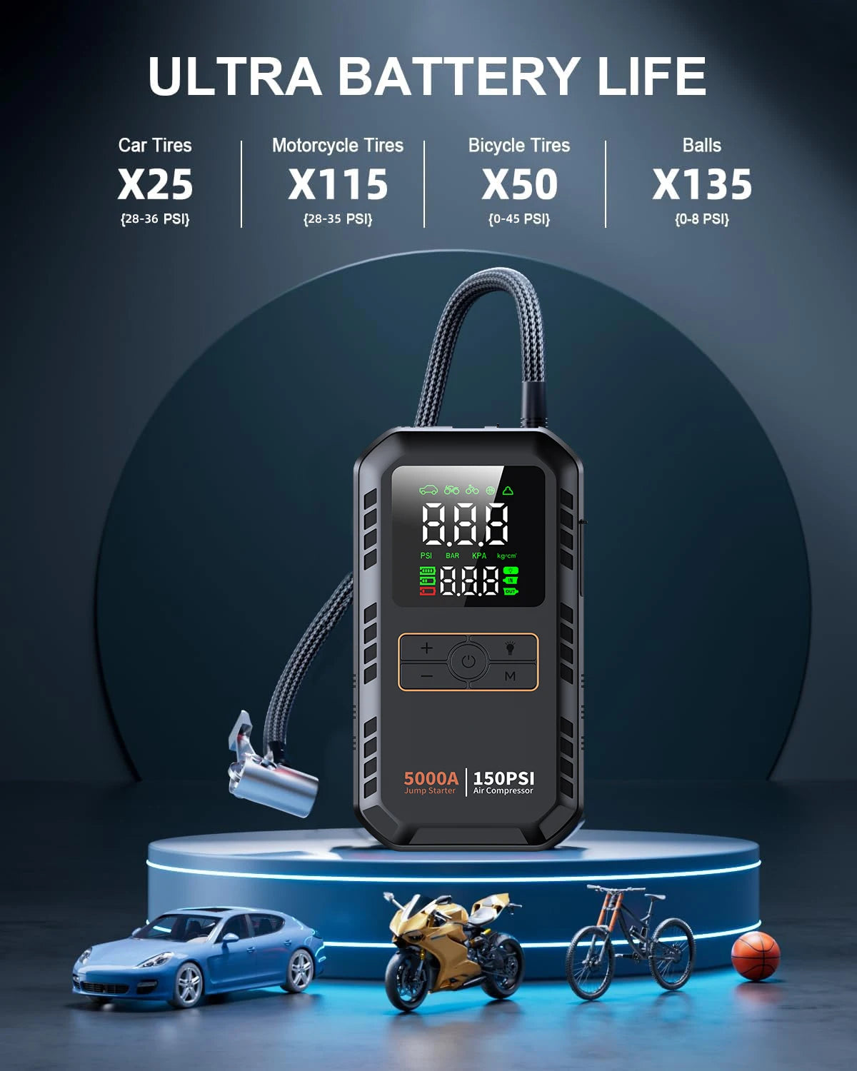 Four In One Car Jump Starter Air Compressor Peak 5000A